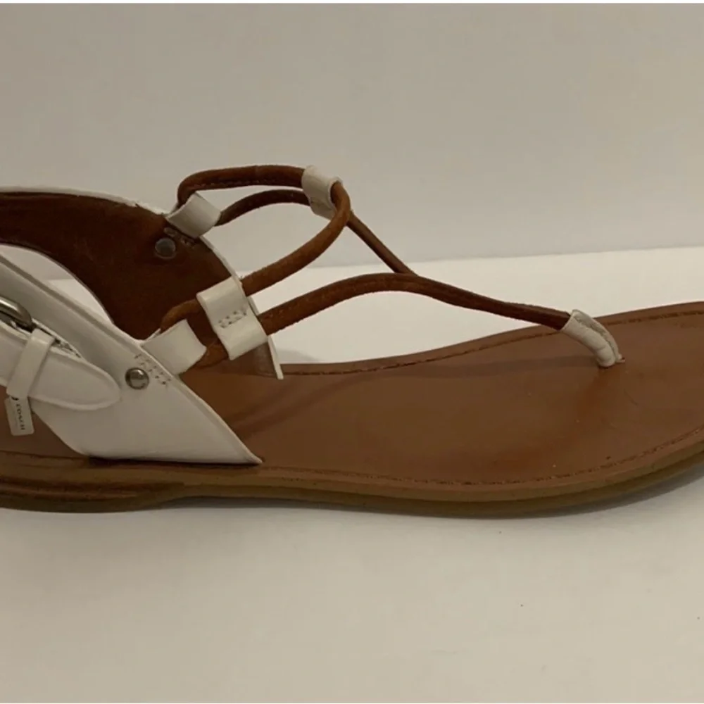 COACH leather Sandals Camel Brown with white leather and silver accents.
